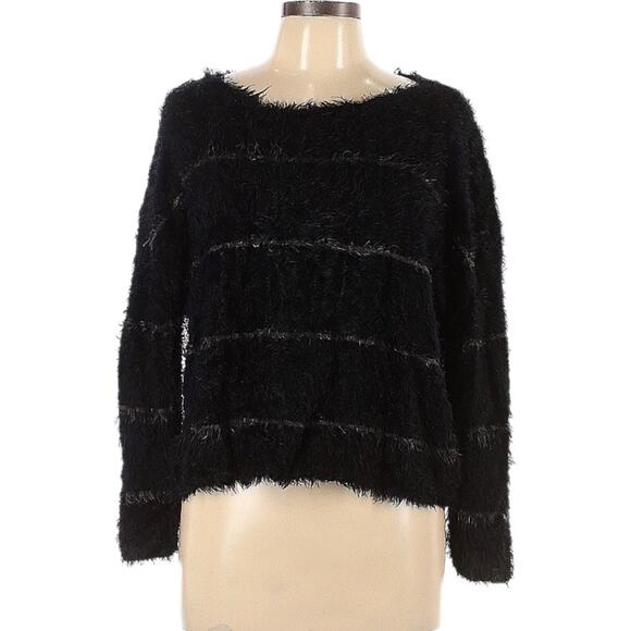 Rusty Eyelash Sweater Black Striped Fuzzy Knit Crew Neck‎ Cropped Women's 10 - Picture 1 of 11